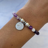 Silver Lucky Elephant Purple Stripe Agate Stone Bracelet