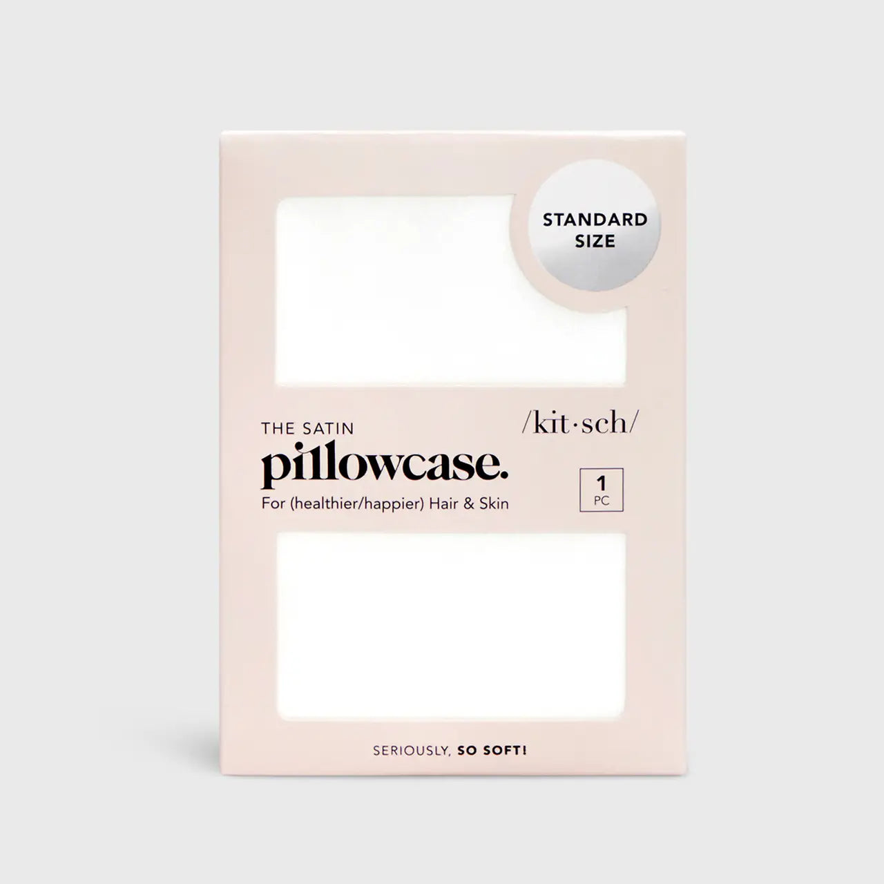 Package of satin pillowcase with branding and product details on a white background