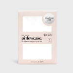 Package of satin pillowcase with branding and product details on a white background