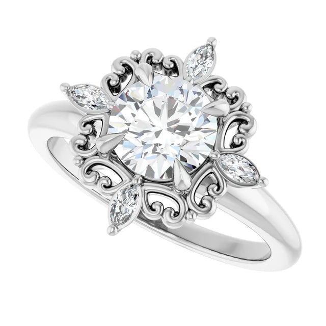 14k Gold Vintage Inspired Round Diamond Engagement Ring