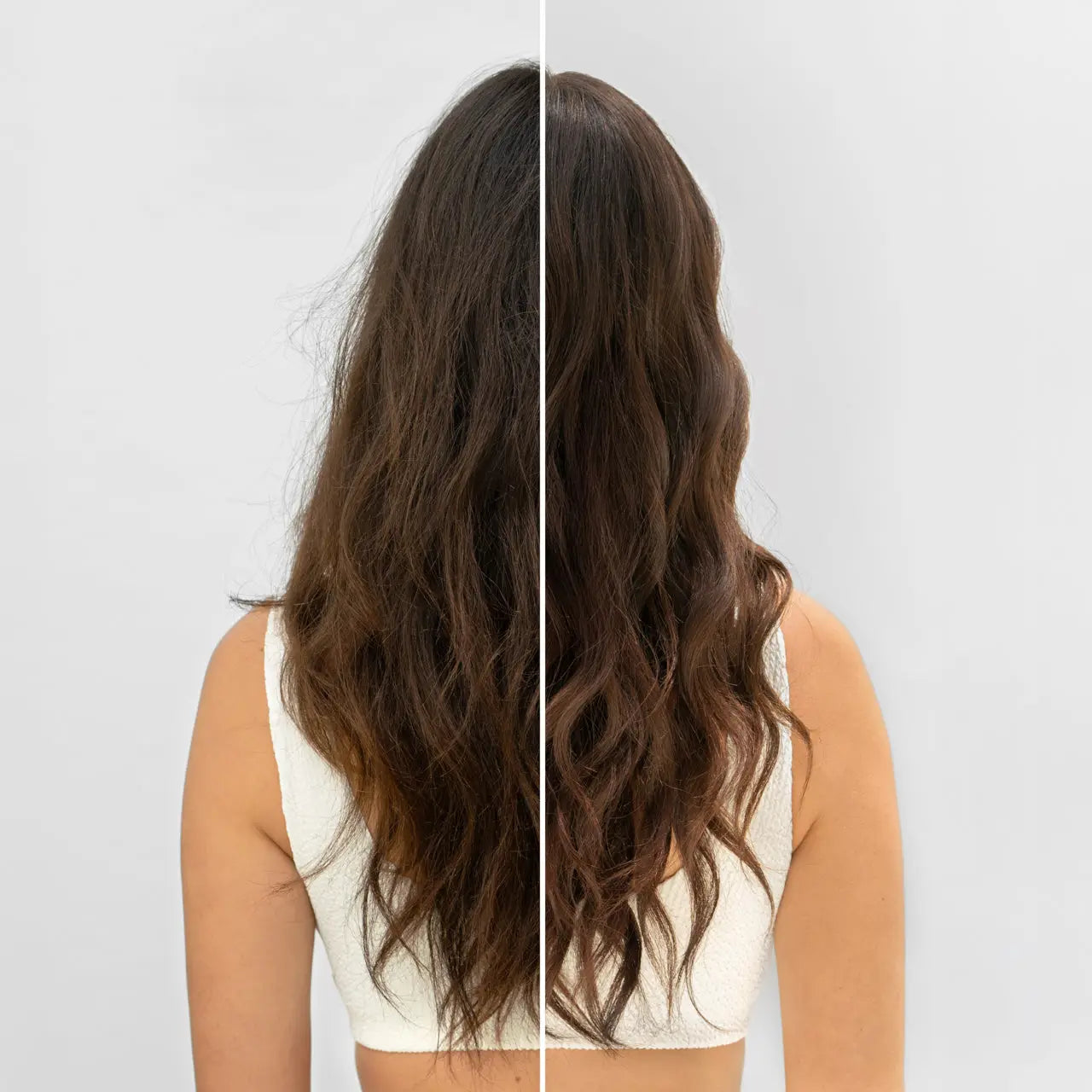Side-by-side comparison of dark  long, wavy hair before and after using Kitsch Smoothing Air Dry Cream.