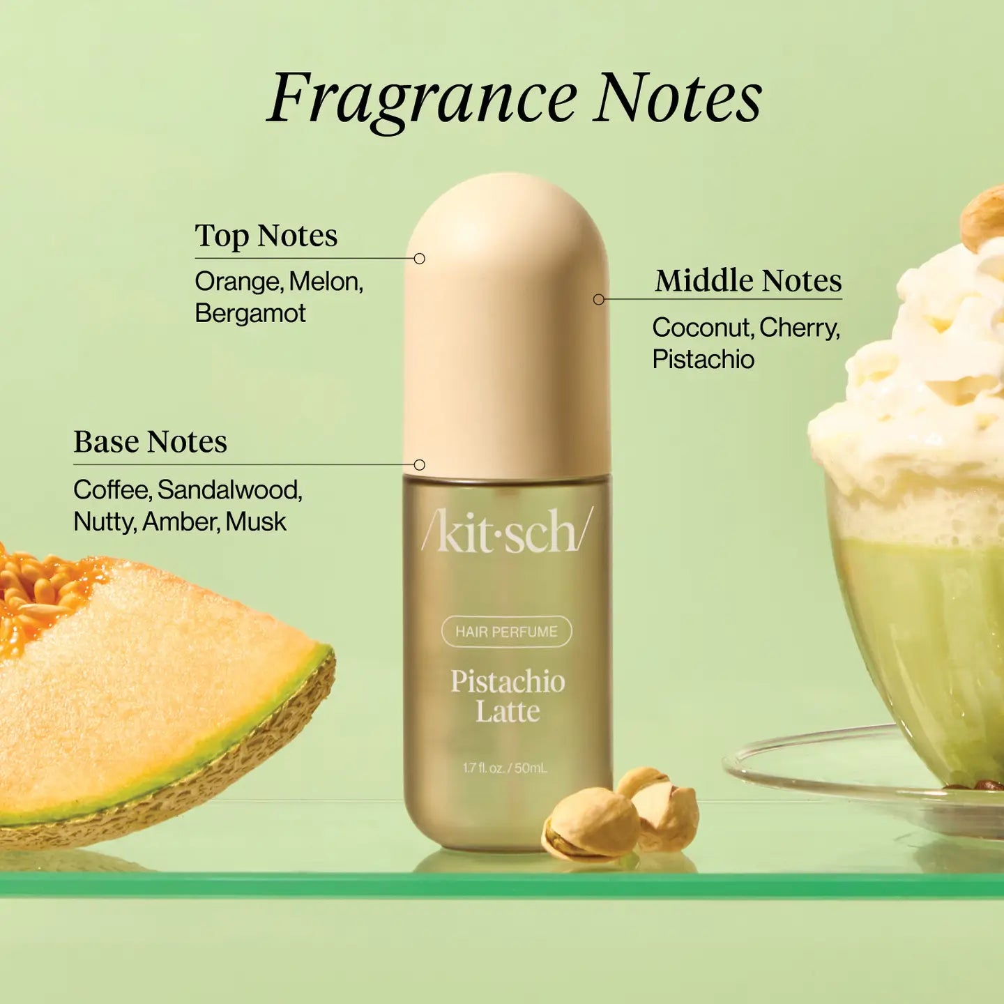 Kit-sch Pistachio Latte hair perfume bottle with fragrance notes and related items on a green background