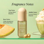 Kit-sch Pistachio Latte hair perfume bottle with fragrance notes and related items on a green background
