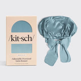 Blue satin bonnet with packaging labeled 'kitsch' on a light gray background