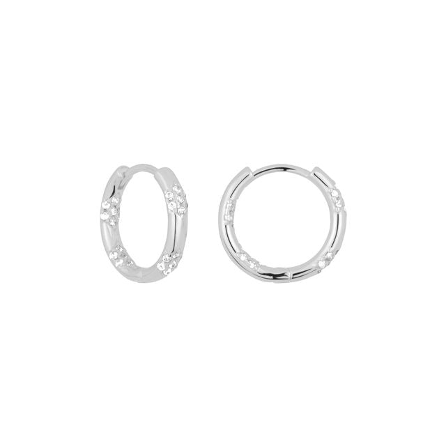 Silver FYB polished hoop earrings with small clear CZ accents on a white background.