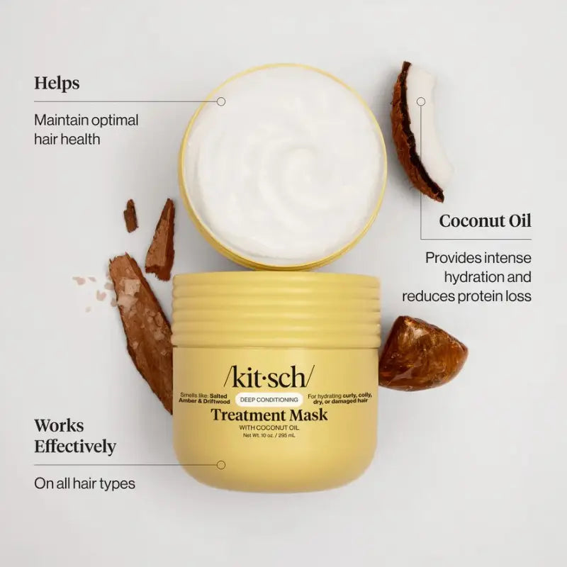 Kitsch Deep Conditioning Treatment Mask jar with coconut oil and text on a light background