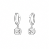 FYB clear cushion CZ dangle earrings with polished 925 sterling silver hoops.