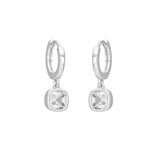 FYB clear cushion CZ dangle earrings with polished 925 sterling silver hoops.
