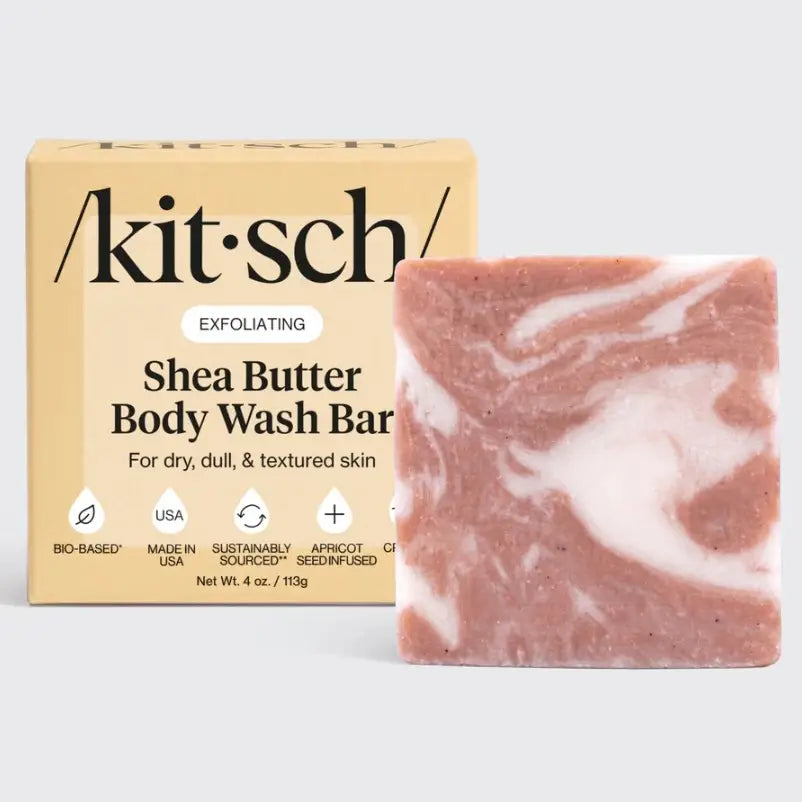 Kit Sch shea butter body wash bar with packaging on a light gray background