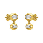 FYB double oval CZ dangle earrings in 18K gold-plated sterling silver on a white background.