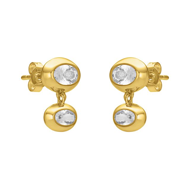 FYB double oval CZ dangle earrings in 18K gold-plated sterling silver on a white background.