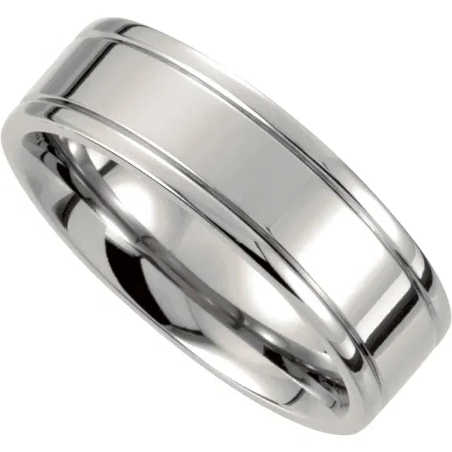 Silver ring with a polished finish on a white background