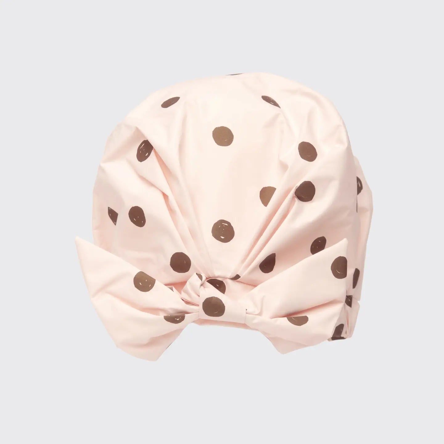 Pink Luxury Shower Cap  with brown polka dots on a light gray background