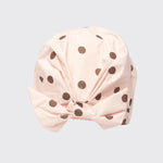 Pink Luxury Shower Cap  with brown polka dots on a light gray background