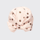 Pink Luxury Shower Cap  with brown polka dots on a light gray background