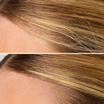Close-up of blonde hair with a focus on before and after of using the Kitsch Styling Taming Wand.