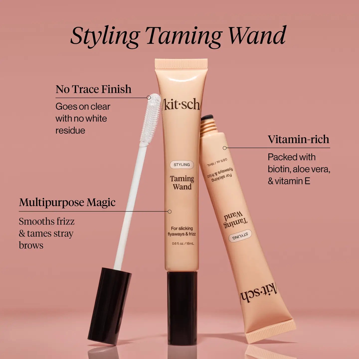 Kitsch Taming Wand with product features on a pink background