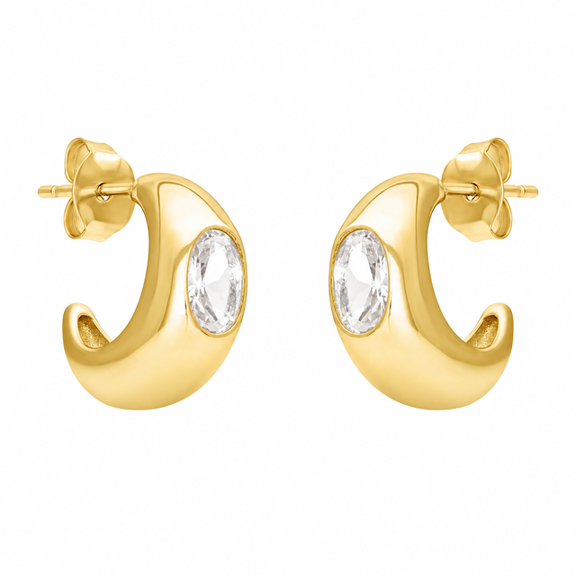 FYB gold hoop earrings with bezel-set clear CZ accents and a polished finish