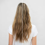 Side-by-side comparison of long, wavy hair before and after using Kitsch Smoothing Air Dry Cream.