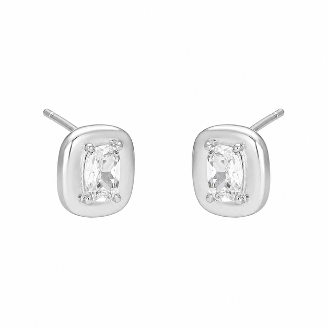 FYB silver stud earrings with clear CZ stones in polished rounded settings