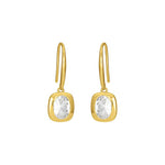 FYB gold dangle earrings with clear CZ stones in polished rounded settings