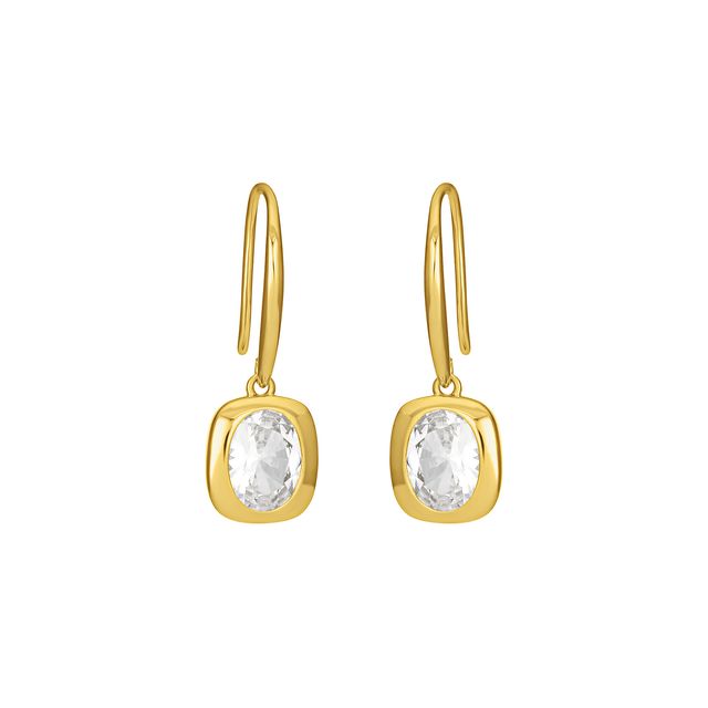 FYB gold dangle earrings with clear CZ stones in polished rounded settings