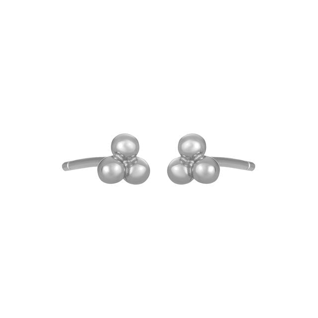 Silver three-bead cluster stud earrings in polished 925 sterling silver on a white background.