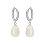 FYB silver huggie hoop earrings with clear CZ accents and pearl drops