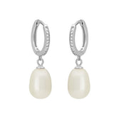 FYB silver huggie hoop earrings with clear CZ accents and pearl drops