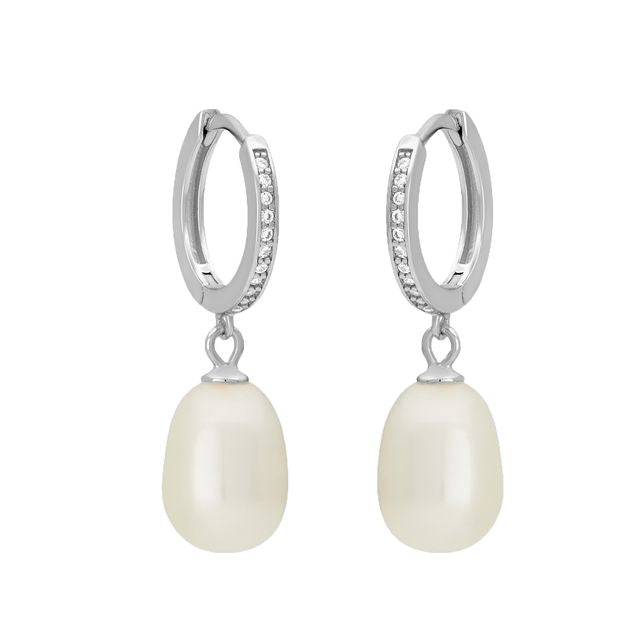 FYB silver huggie hoop earrings with clear CZ accents and pearl drops
