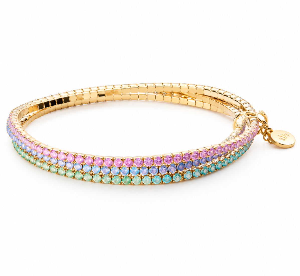 A gold-plated multi-strand bangle bracelet featuring rows of small iridescent rhinestones in pink, purple, and light blue, displayed on a clean white background.