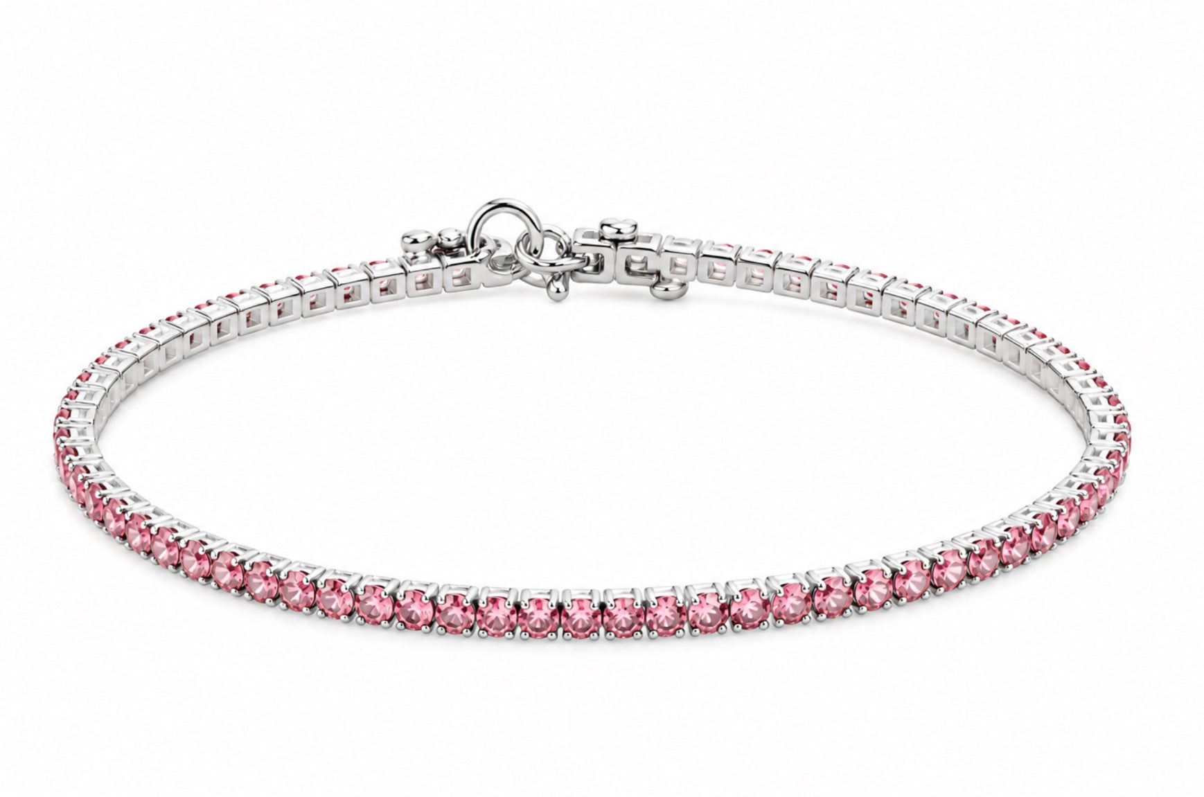 Lizas Denver Rose Bracelet with light pink Czech crystals and a polished silver finish on a white background.