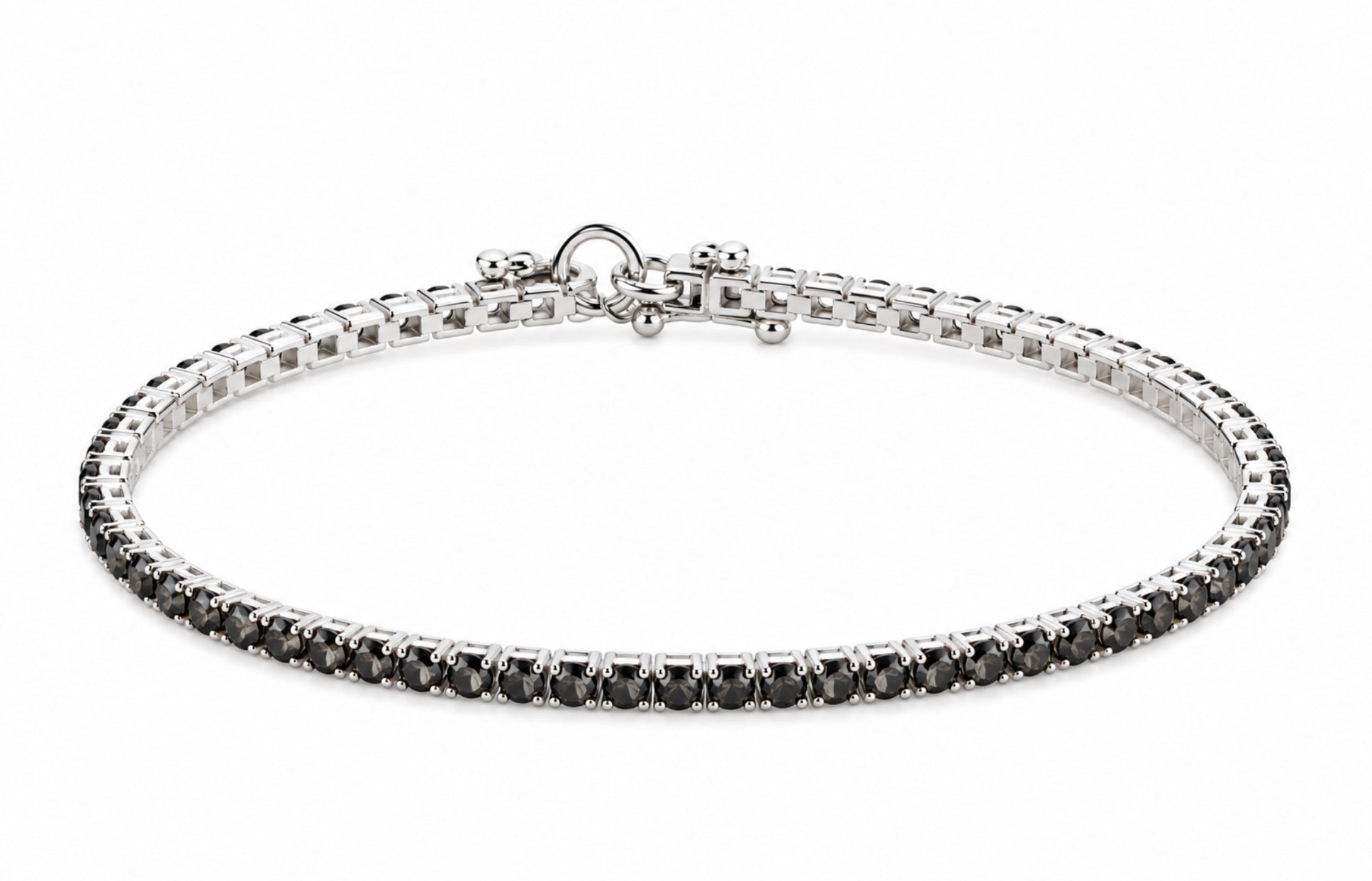 Lizas Denver Black Diamond Bracelet with faceted smoky black Czech crystals and a polished silver finish on a white background.