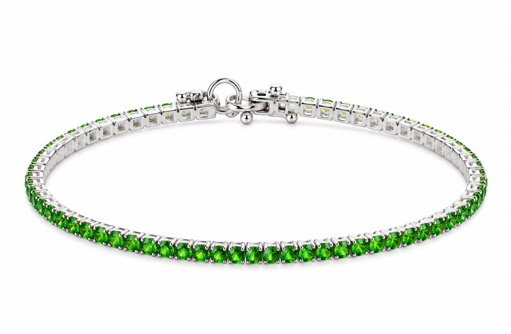 Lizas Denver Peridot Bracelet with faceted green Czech crystals and a polished silver finish on a white background.