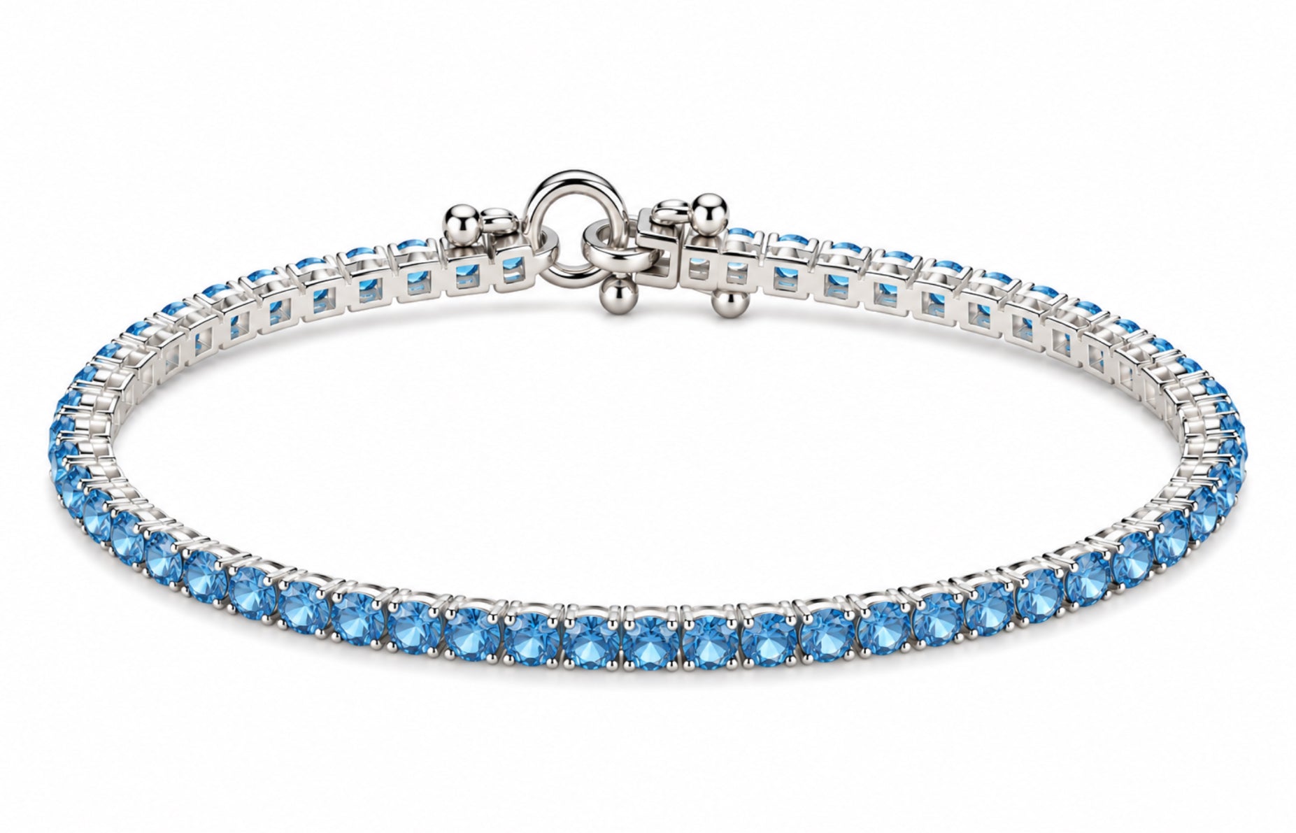 Lizas Denver Arctic Blue Bracelet with light blue Czech crystals and a polished silver finish on a white background.