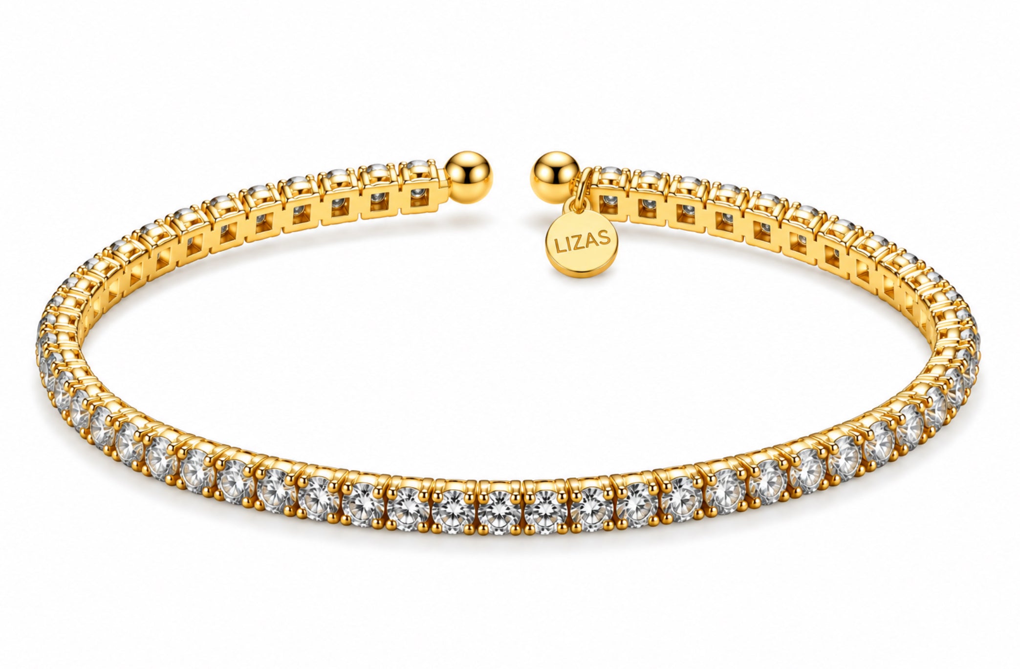 Lizas Denver Crystal Bracelet with clear faceted Czech crystals, gold finish, and open ball-end closure on a white background.