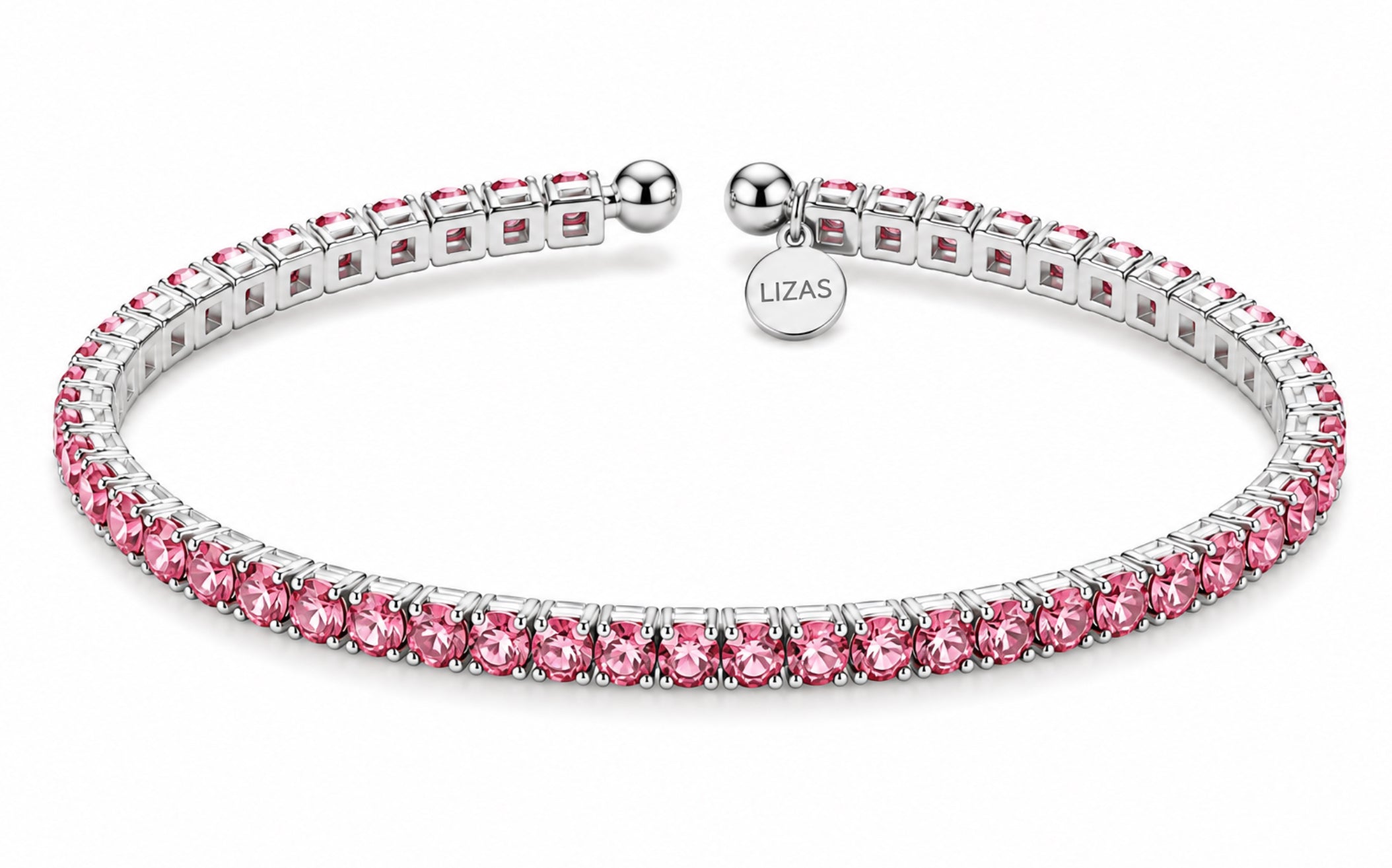 Lizas Denver Rose Bracelet with light pink Czech crystals and a polished silver finish on a white background.