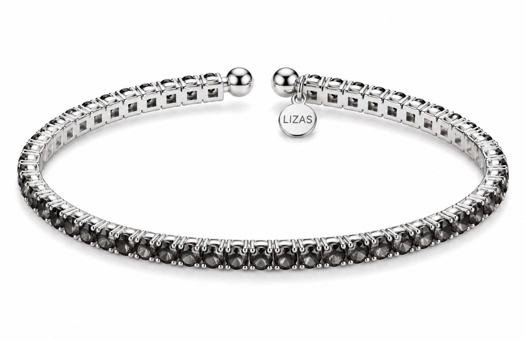 Lizas Denver Black Diamond Bracelet with faceted smoky black Czech crystals and a polished silver finish on a white background.