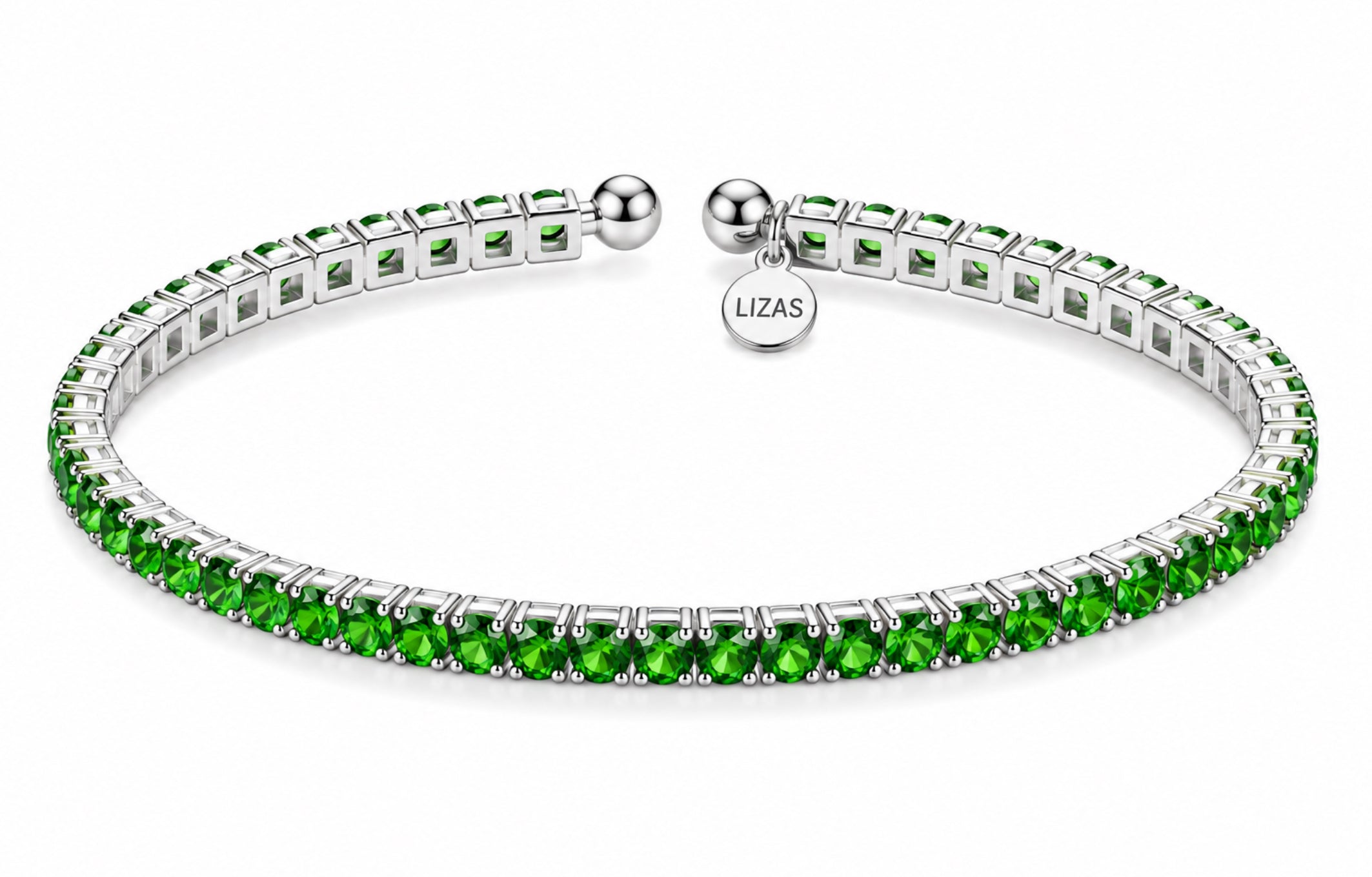 Lizas Denver Peridot Bracelet with faceted green Czech crystals and a polished silver finish on a white background.