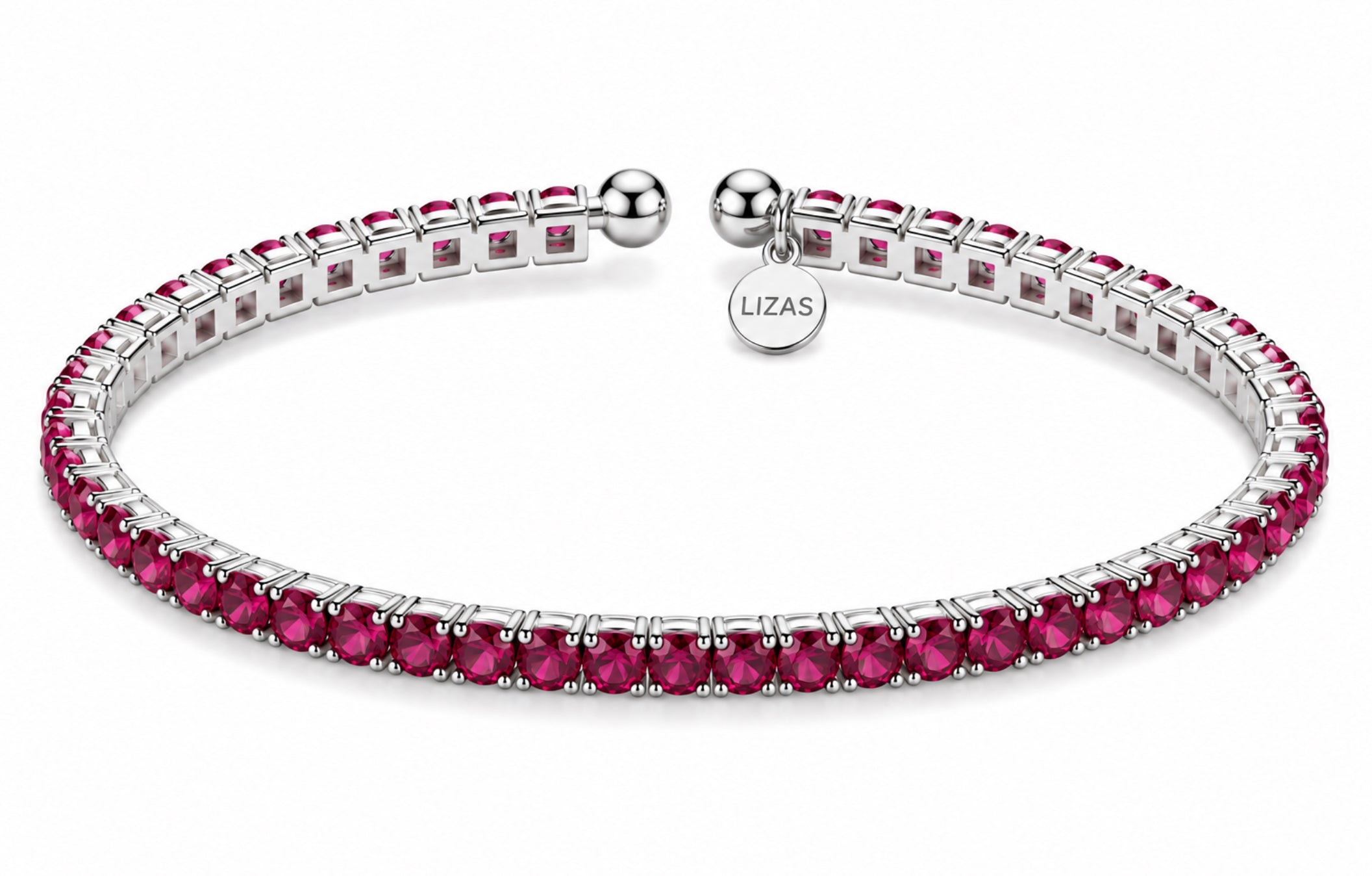 Lizas Denver Violet Bracelet with vibrant pink-violet Czech crystals and a polished silver finish on a white background.