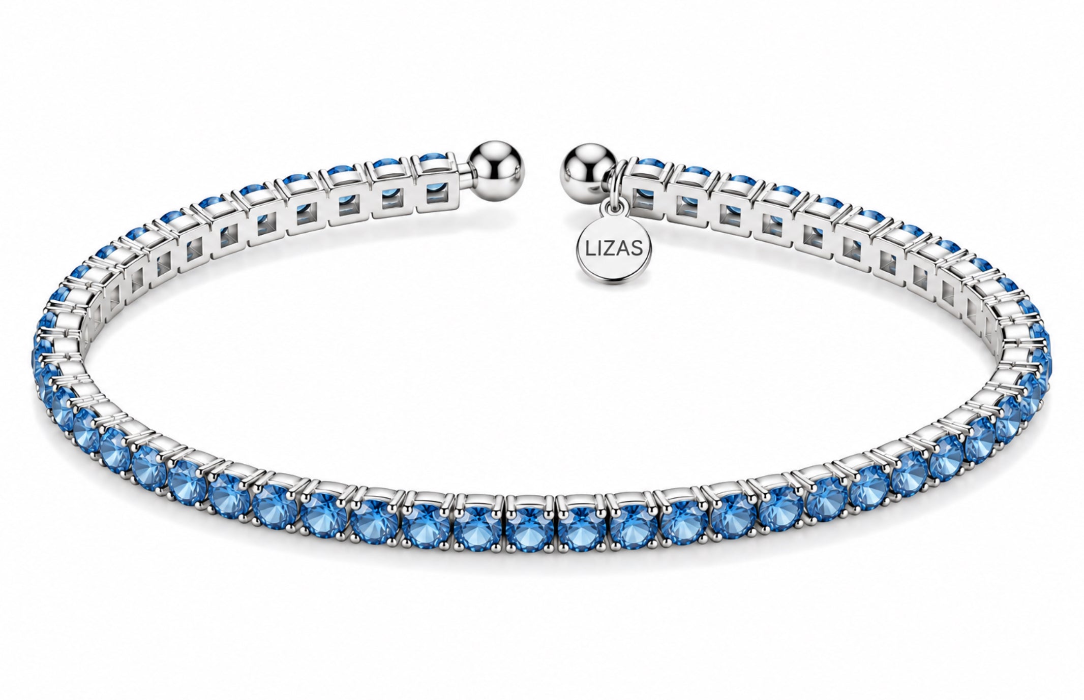 Lizas Denver Arctic Blue Bracelet with light blue Czech crystals and a polished silver finish on a white background.