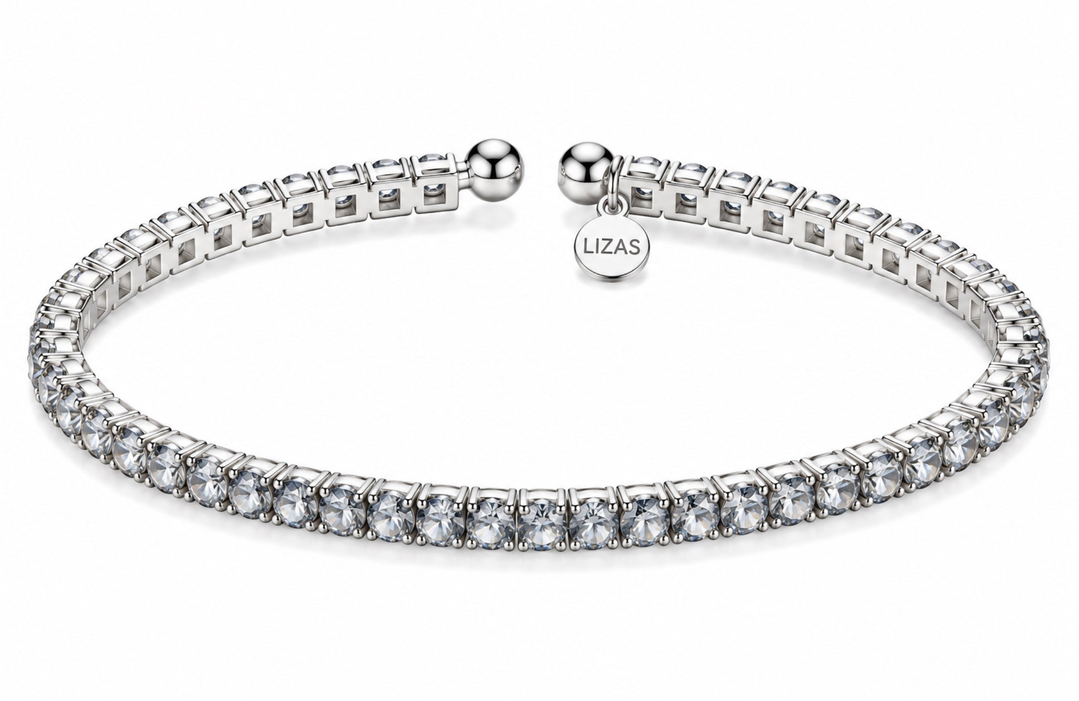 Lizas Denver Crystal Bracelet with clear faceted Czech crystals and a polished silver finish on a white background.