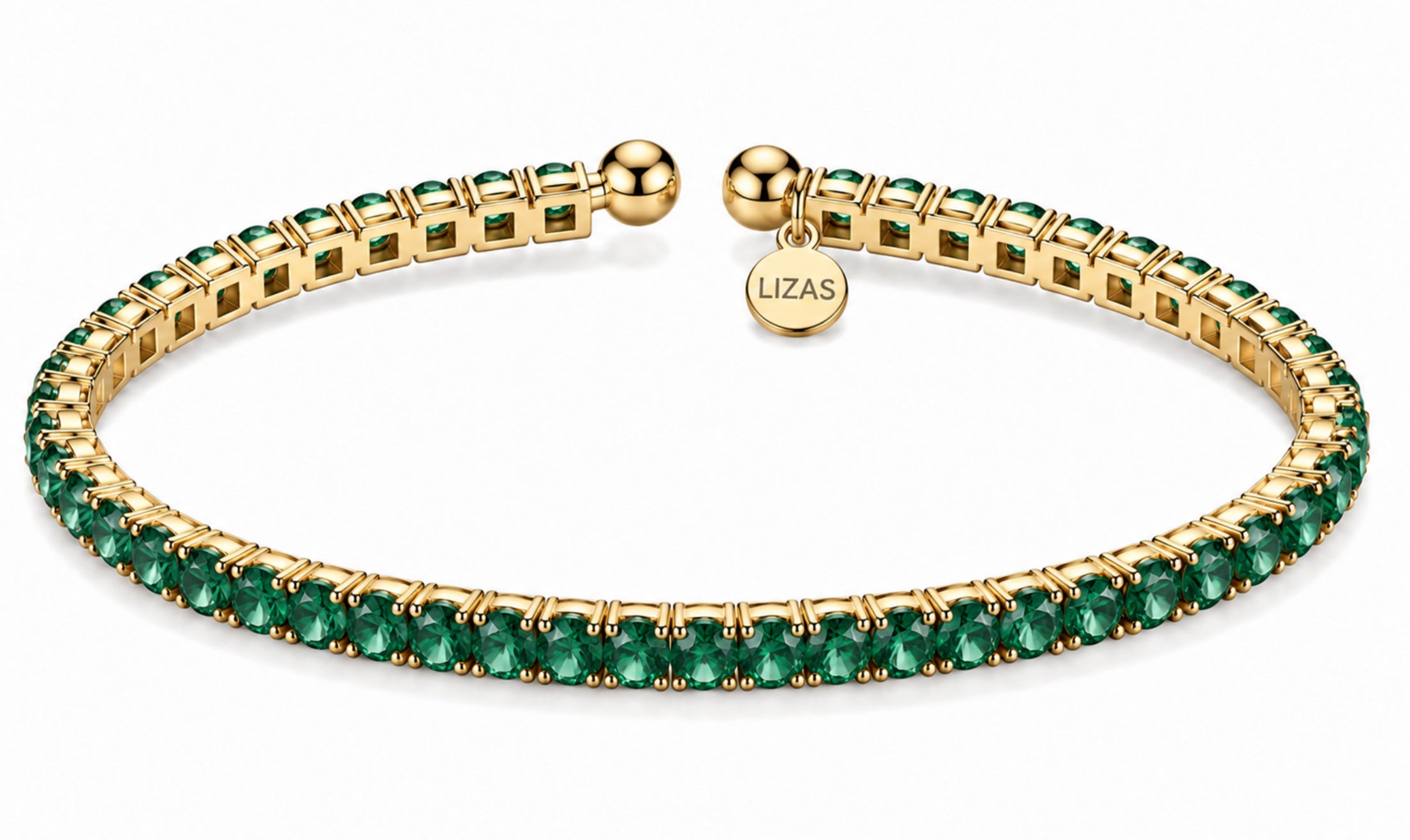 Lizas Denver Smaragd Green Bracelet with faceted emerald green Czech crystals and a polished gold finish on a white background.