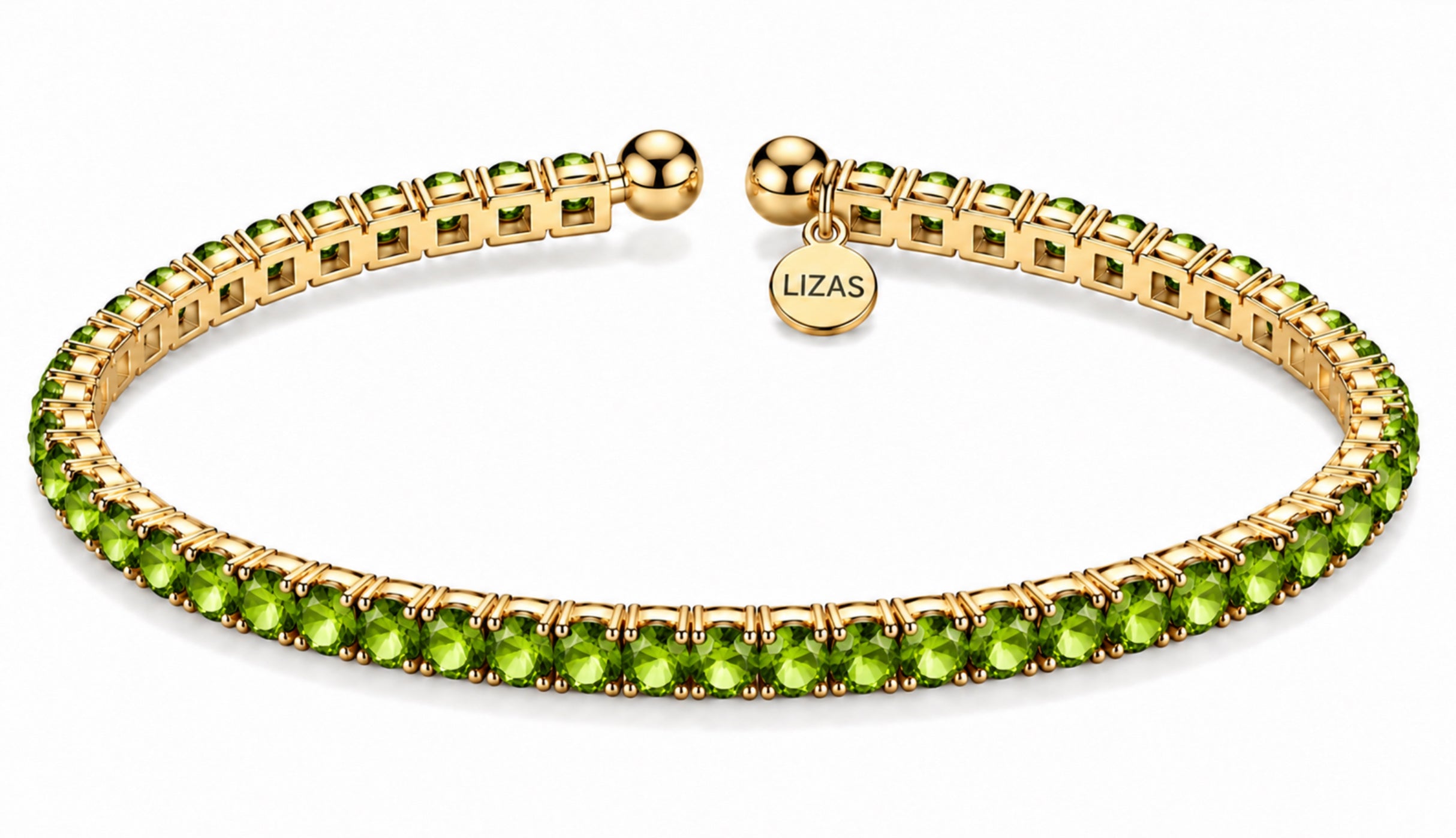 LIZAS Denver Peridot bracelet with faceted green Czech crystals, 14K gold-plated stainless steel, and LIZAS charm.
