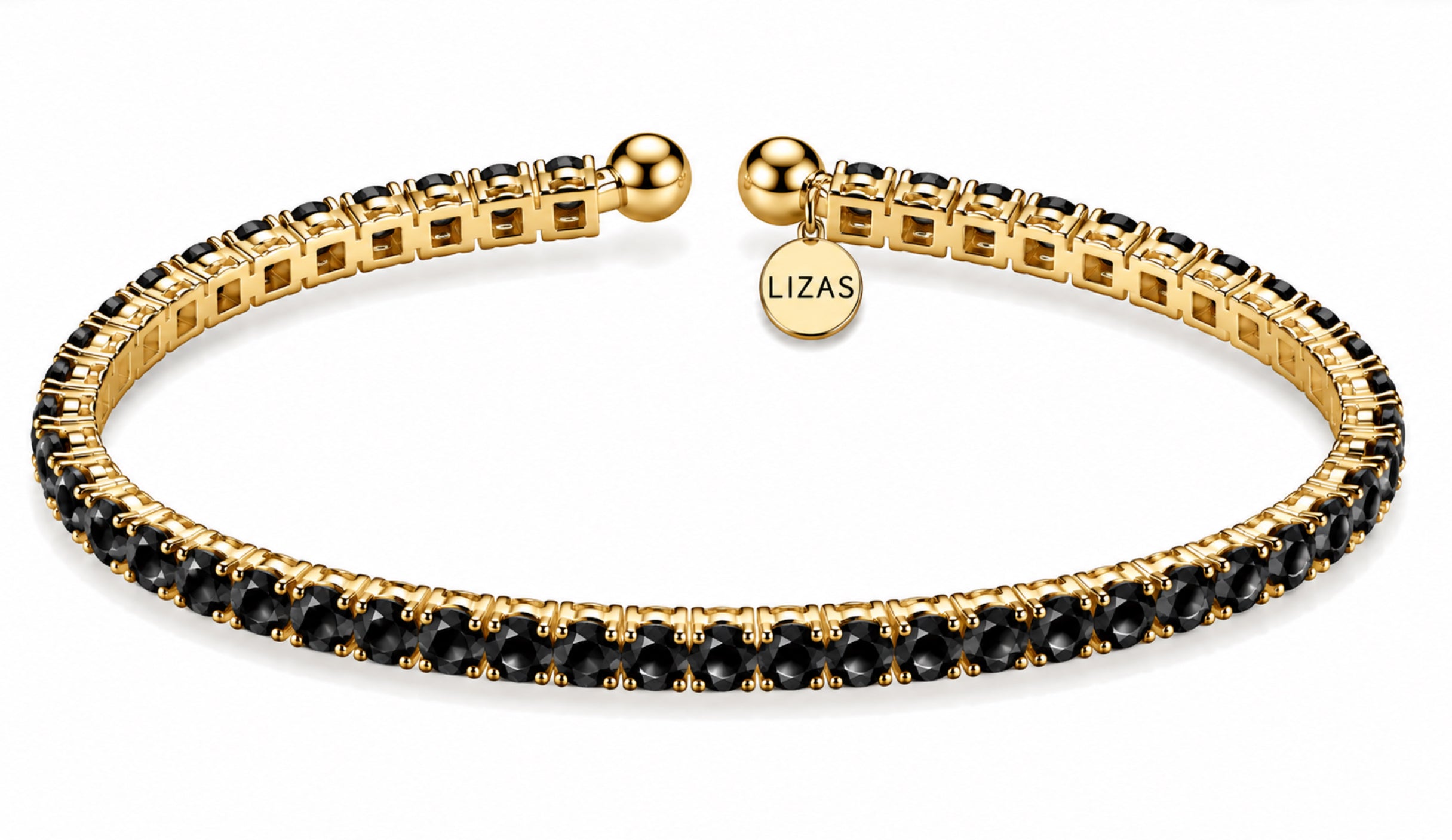 LIZAS Denver Black Diamond Bracelet with faceted black Czech crystals, gold-plated stainless steel, and LIZAS charm.
