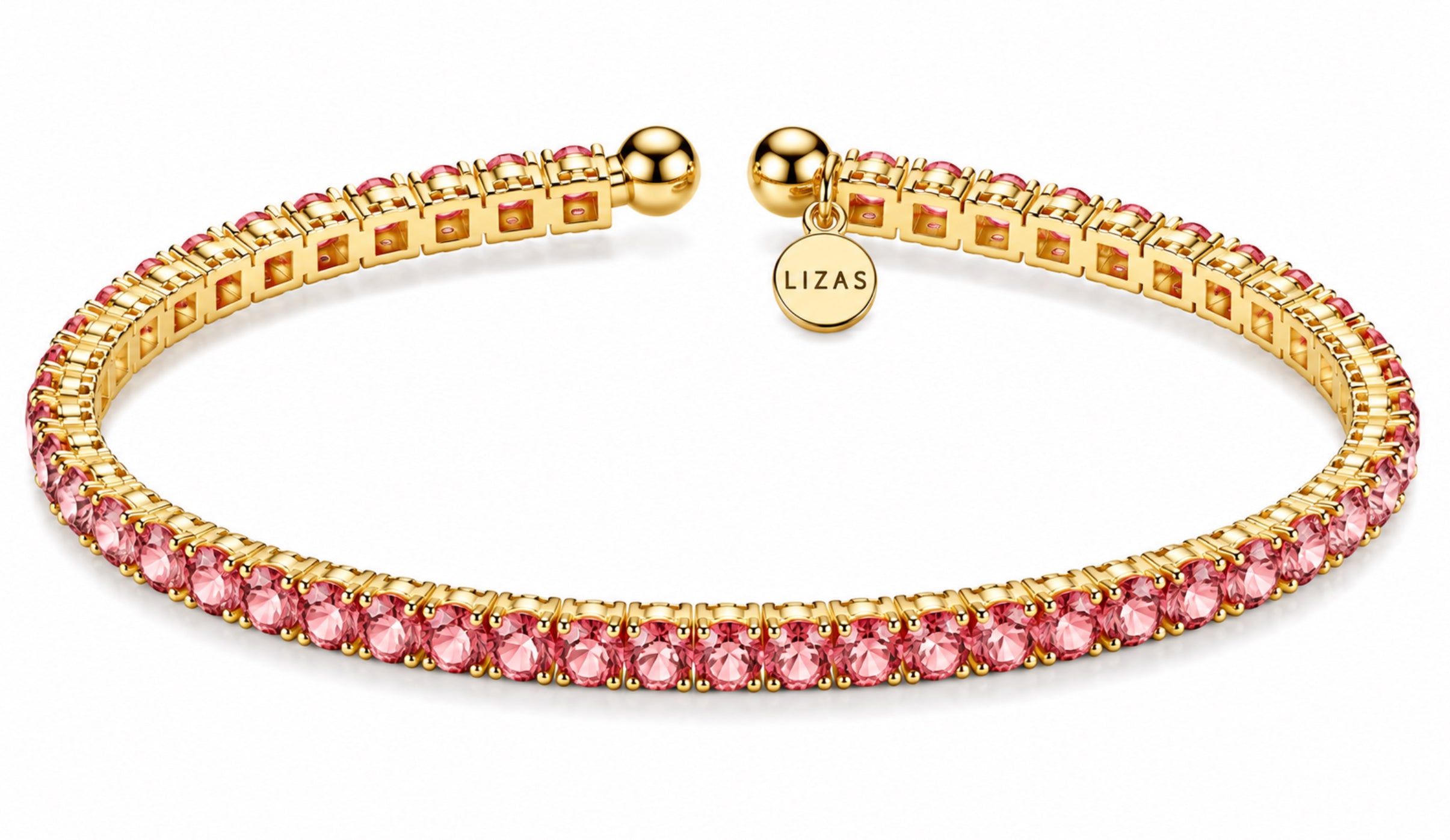 LIZAS Denver Rose tennis bracelet with faceted pink Czech crystals, polished gold finish, and LIZAS charm.