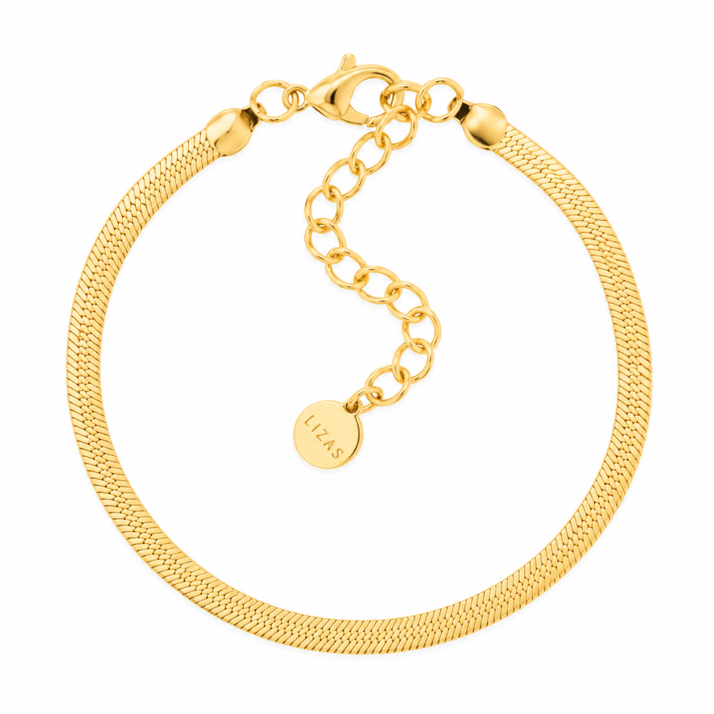 LIZAS Charleston gold chain bracelet with flat woven design, lobster clasp, adjustable extender, and round LIZAS charm.