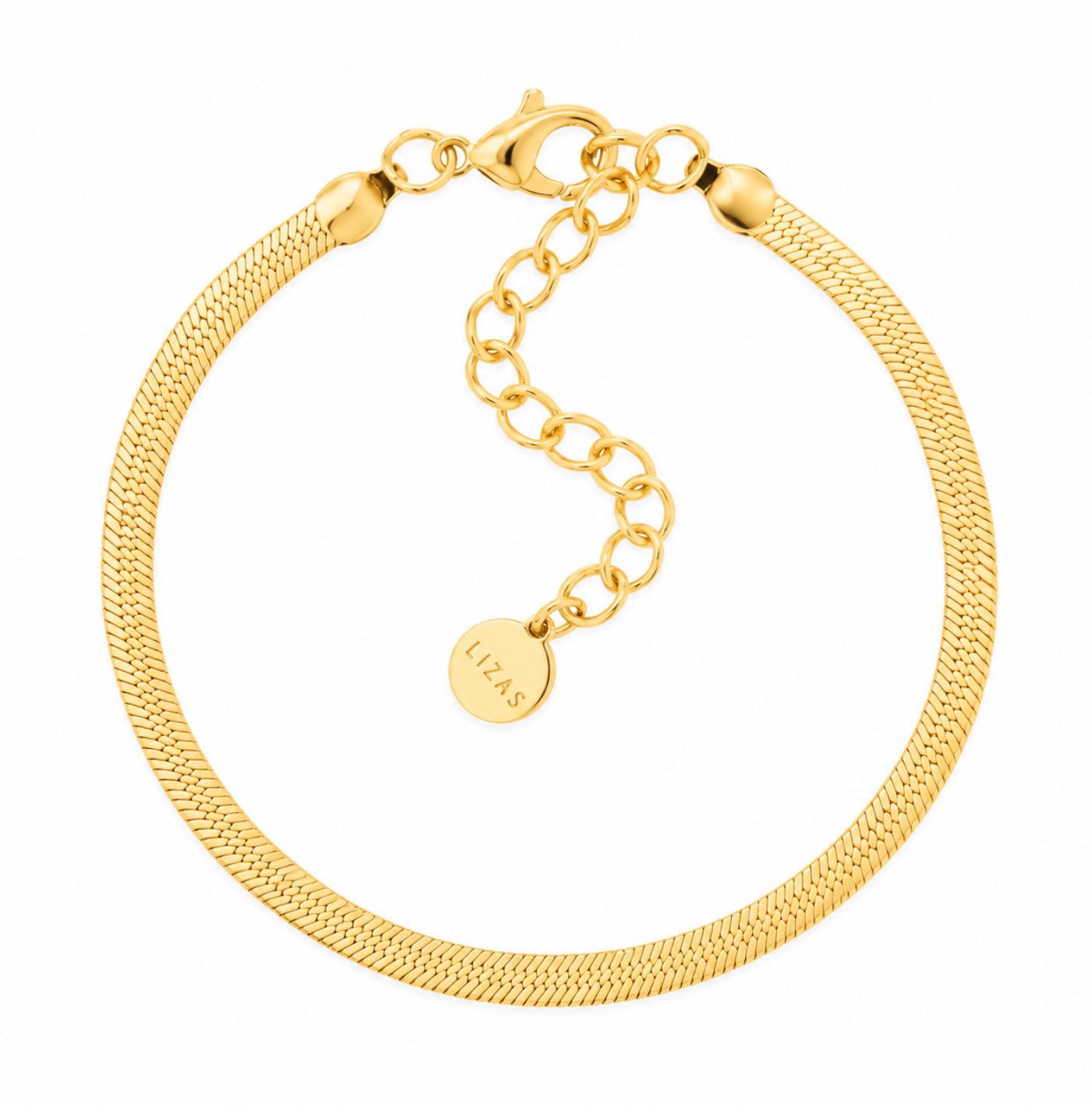 LIZAS Charleston gold chain bracelet with flat woven design, lobster clasp, adjustable extender, and round LIZAS charm.
