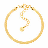 LIZAS Charleston gold chain bracelet with flat woven design, lobster clasp, adjustable extender, and round LIZAS charm.