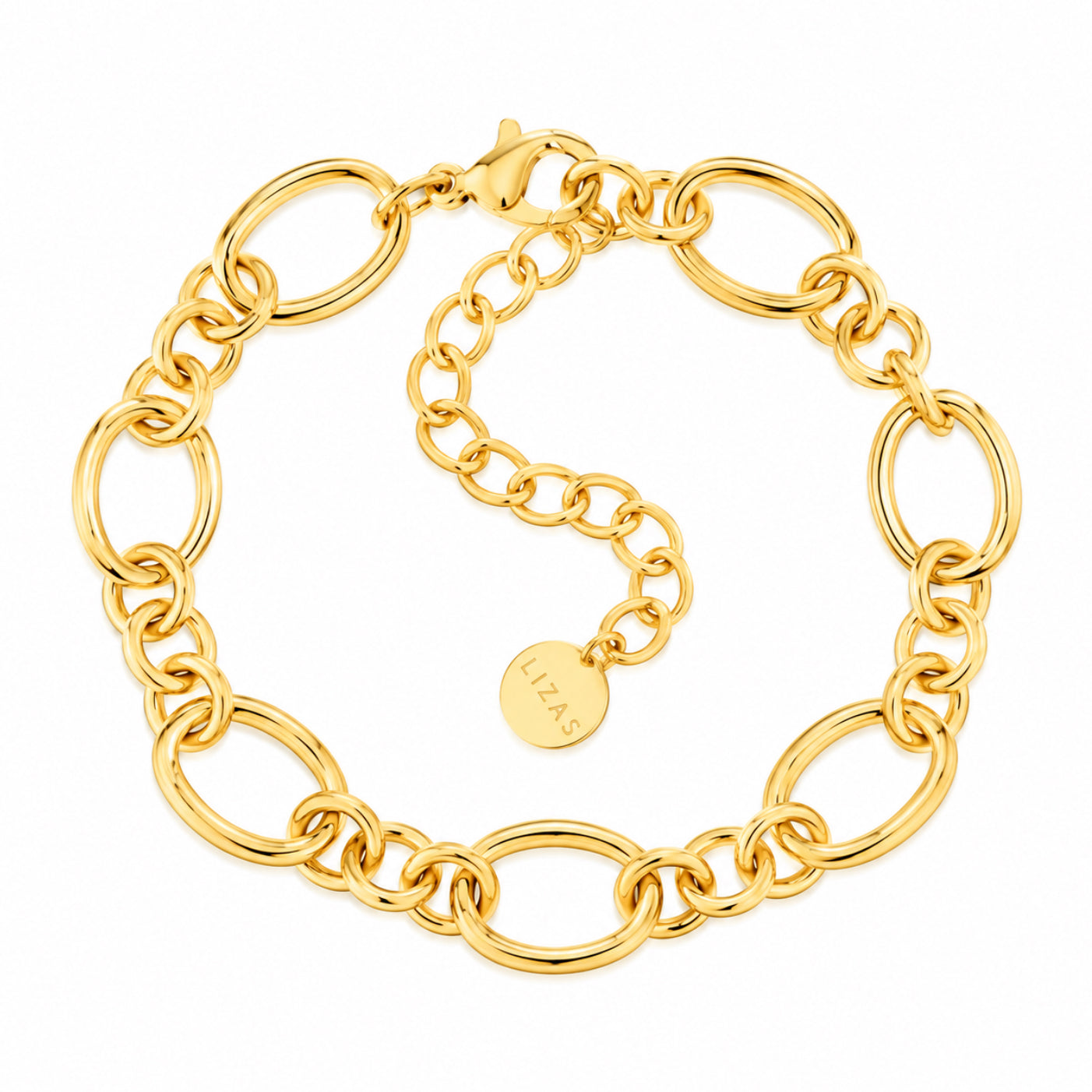 LIZAS Charleston gold mixed-link chain bracelet with alternating oval links, lobster clasp, adjustable extender, and round LIZAS charm.